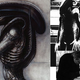 Izquierda: un boceto de H.R. Giger. Derecha: primer prototipo de disfraz y el artista retocando una escultura.